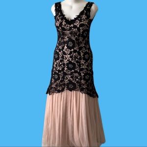 Betsy Adam peach & black Swarovski stone gown